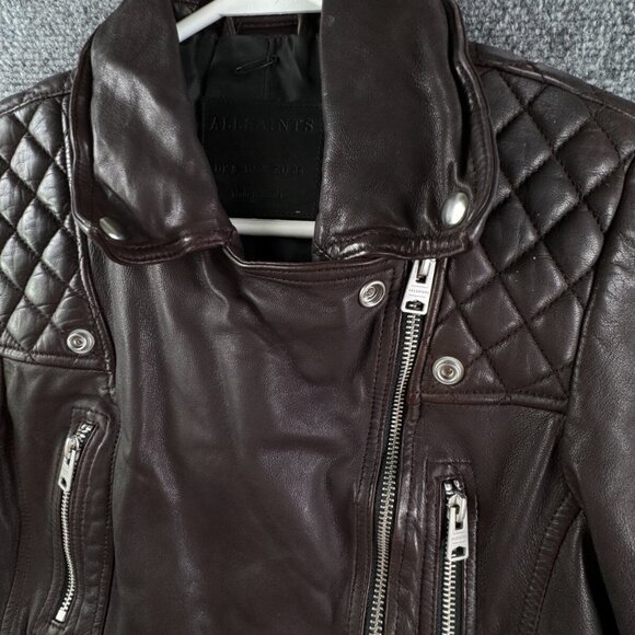 Allsaints Leather Jacket Brown Women Size 4 Zip Pockets Grunge Catch Biker - Picture 12 of 16